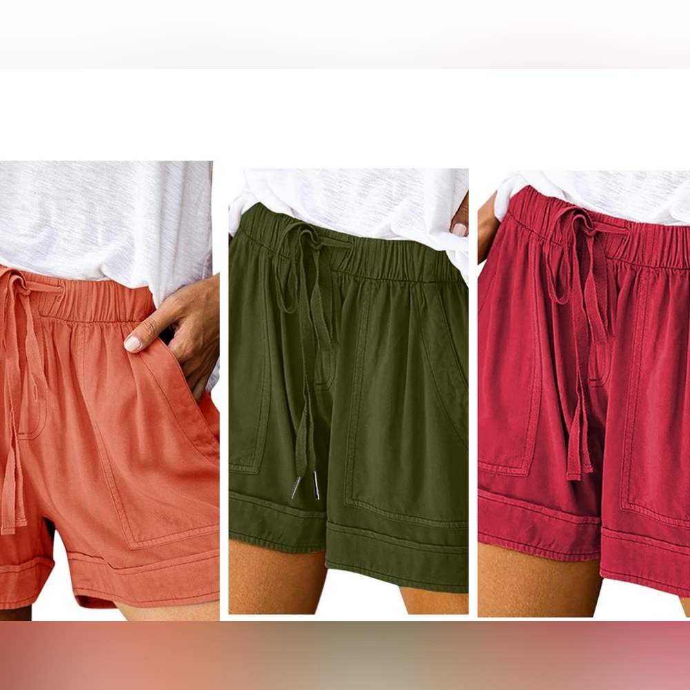 3 Pairs Of Casual Drawstring Women’s Shorts - Olive, Rust & Berry